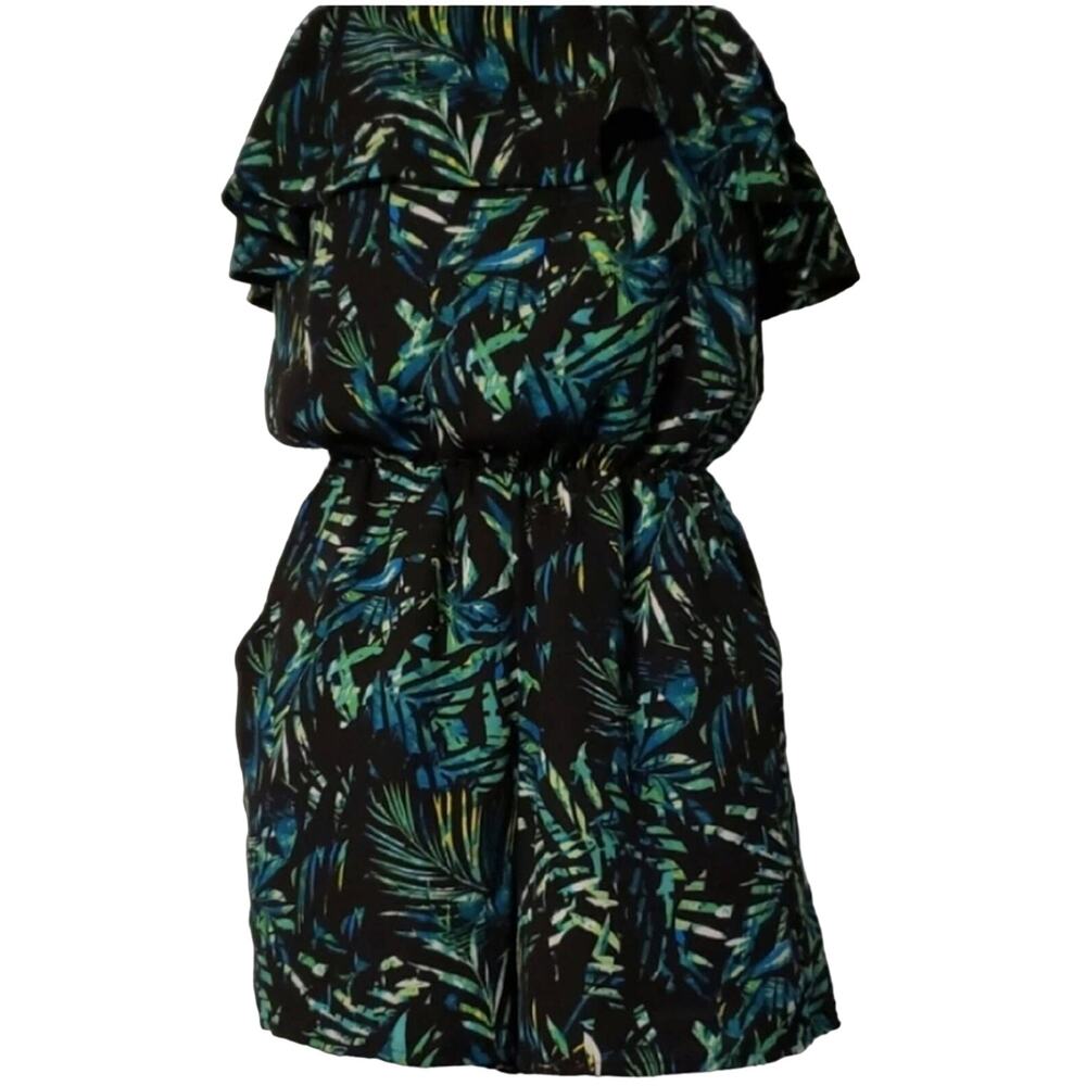 Decree Floral Black/Green Strapless Shorts Romper Pockets Size XS